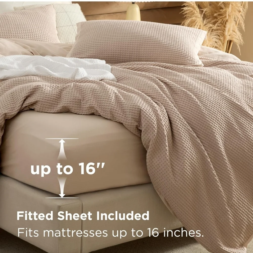 Bedsure 100% Cotton Duvet Cover Shams Queen 3 Pieces Khaki Waffle New